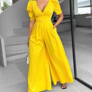 NEWPuff Sleeve Plunge Wide Leg Jumpsuit