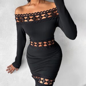 Off Shoulder Lace Patch Long Sleeve Midi Dress