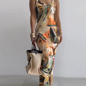 Marble Print U-Neck Sleeveless Maxi Skims Dress