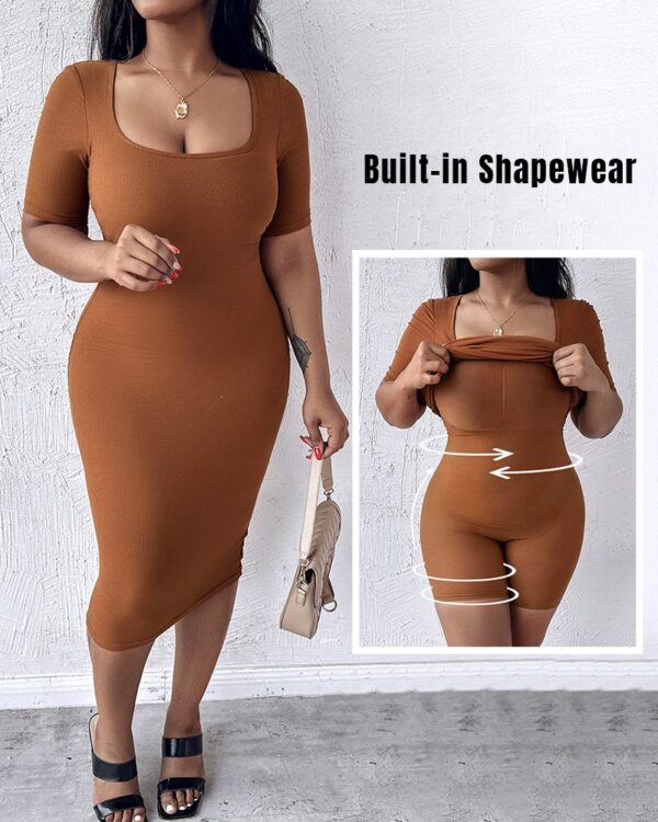 BUILT-IN SHAPEWEAR Short Sleeve Square Neck Slim Fit Midi Dress