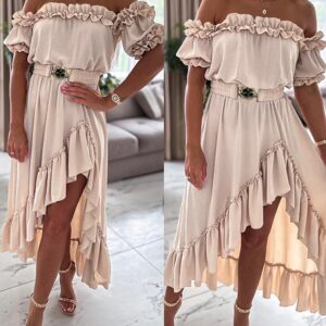 Ruffle Frill Hem Asymmetrical Maxi Dress